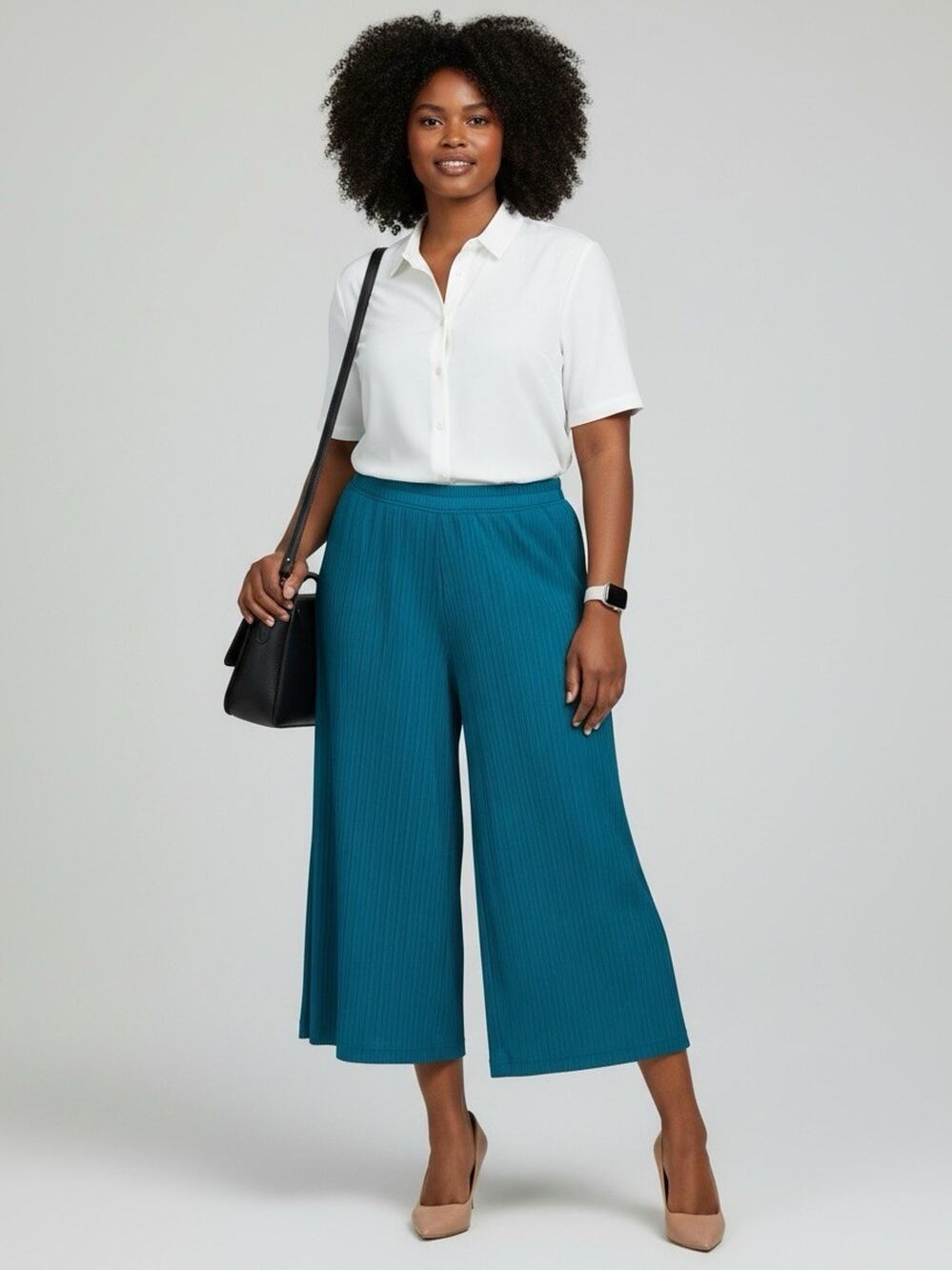 Modern Works Women's Plus Elastic Waist Pull-on Teal Crinkle Wide Leg Trouser 1X